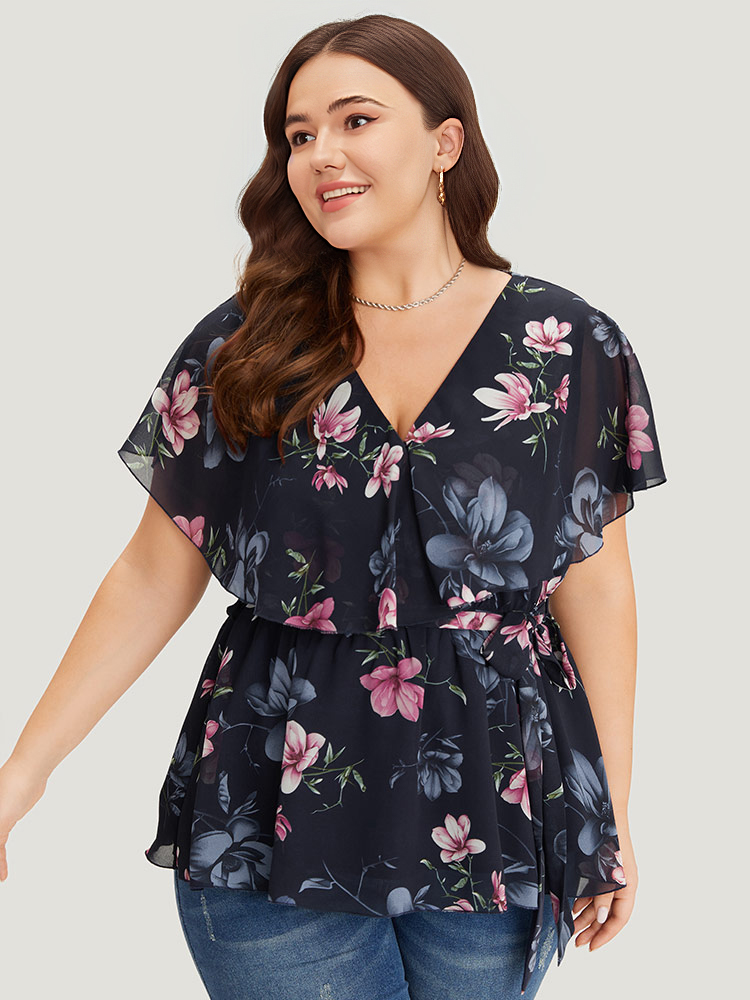 Plus Size Multicolor Floral Split Batwing Sleeve Wrap Mesh Belted Blouse Women Glamour Cap Sleeve Deep V-neck Going out Blouses BloomChic 10/M 