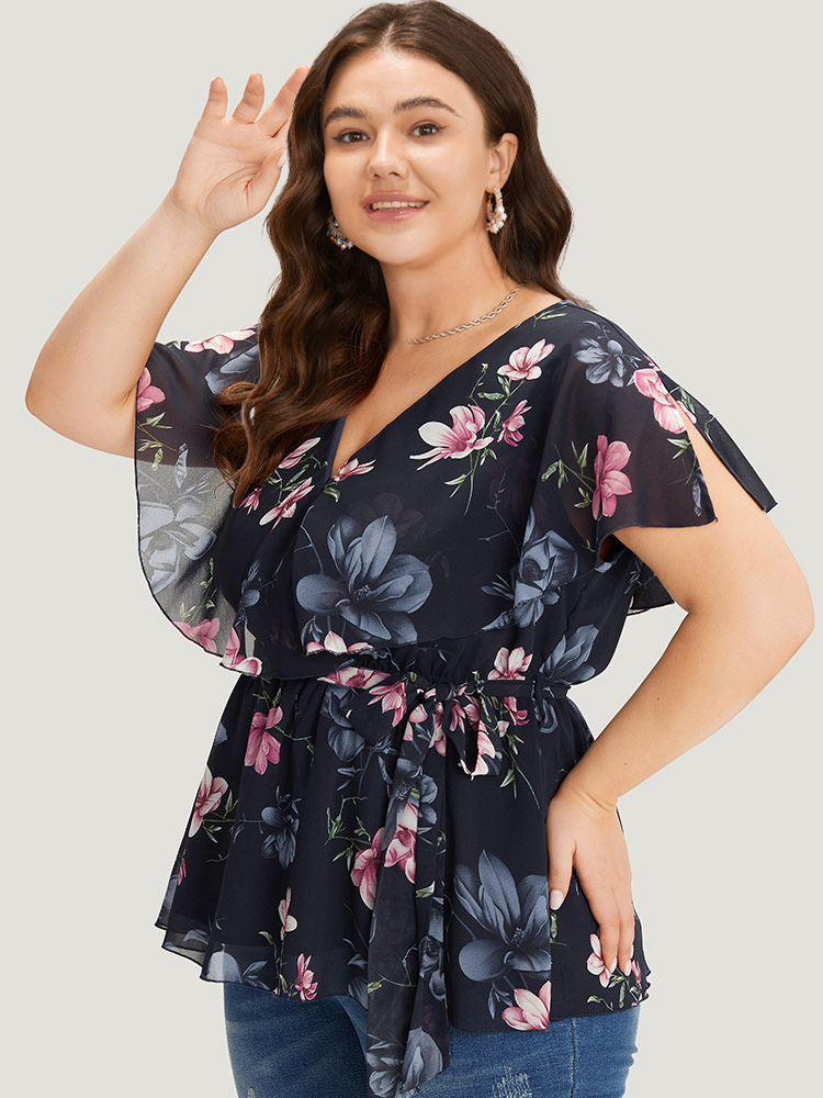 Plus Size Multicolor Floral Split Batwing Sleeve Wrap Mesh Belted Blouse Women Glamour Cap Sleeve Deep V-neck Going out Blouses BloomChic 10/M 