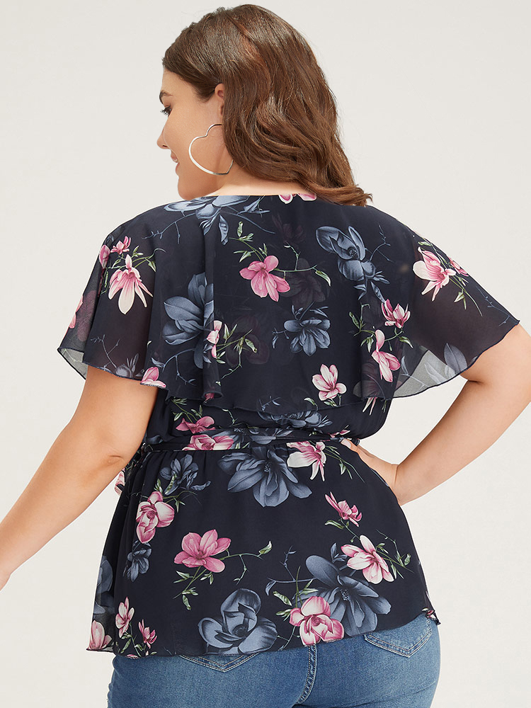Plus Size Multicolor Floral Split Batwing Sleeve Wrap Mesh Belted Blouse Women Glamour Cap Sleeve Deep V-neck Going out Blouses BloomChic 10/M 