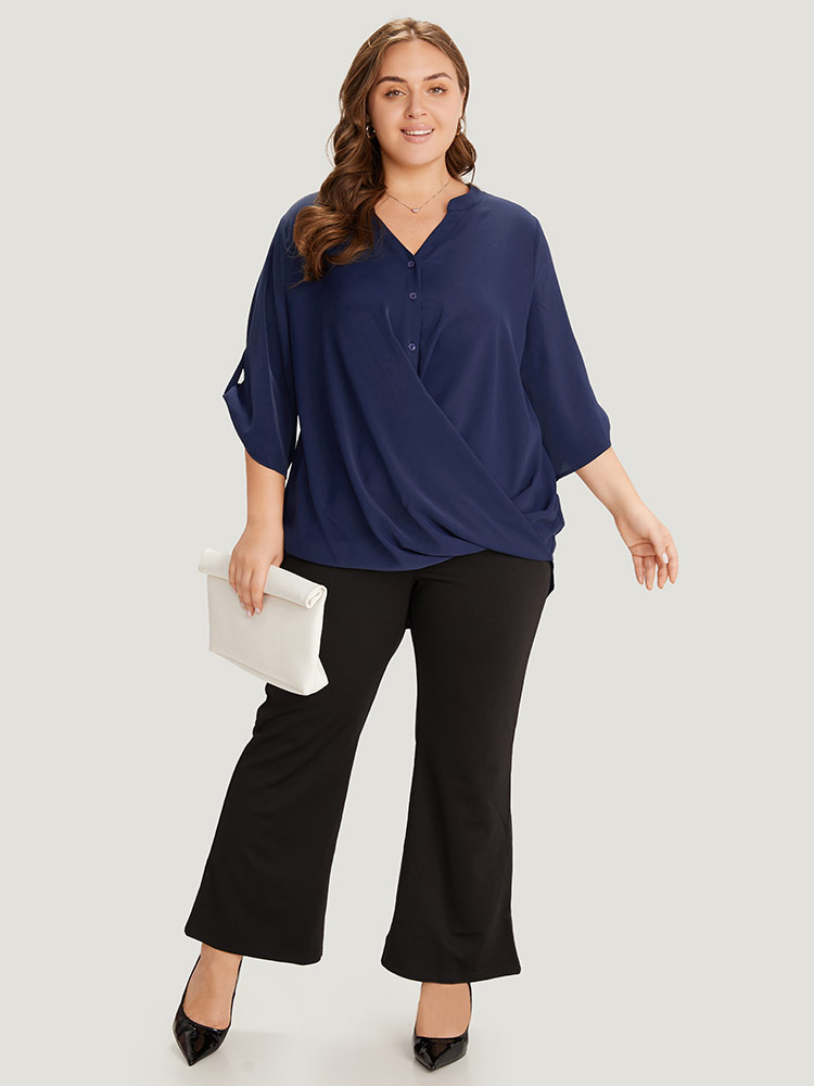 

Plus Size Indigo Solid Button Up Notched Crossover Hem Blouse Women Office Elbow-length sleeve Notched collar Work Blouses BloomChic