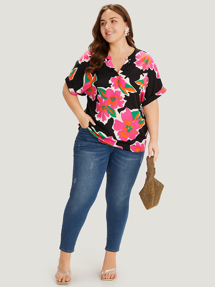 

Plus Size Multicolor Floral Print Notched Roll Dolman Sleeve Blouse Women Glamour Short sleeve Notched collar Going out Blouses BloomChic
