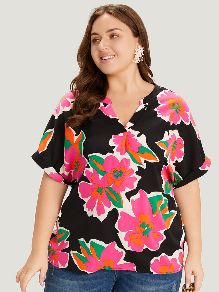 Plus Size Women Going out Floral Printed Dolman Sleeve Short sleeve Notched collar Glamour Blouses BloomChic 