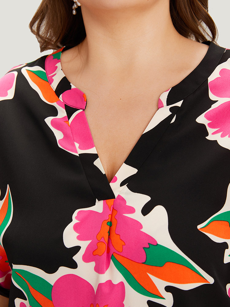 Plus Size Women Going out Floral Printed Dolman Sleeve Short sleeve Notched collar Glamour Blouses BloomChic 