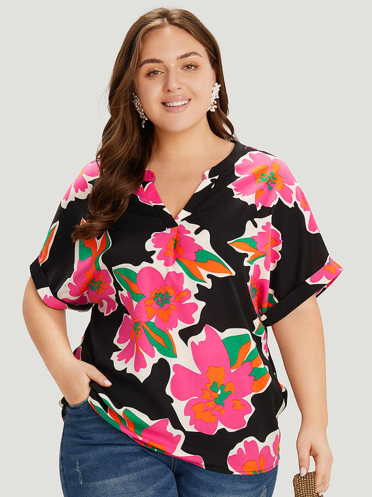 Plus Size Women Going out Floral Printed Dolman Sleeve Short sleeve Notched collar Glamour Blouses BloomChic 