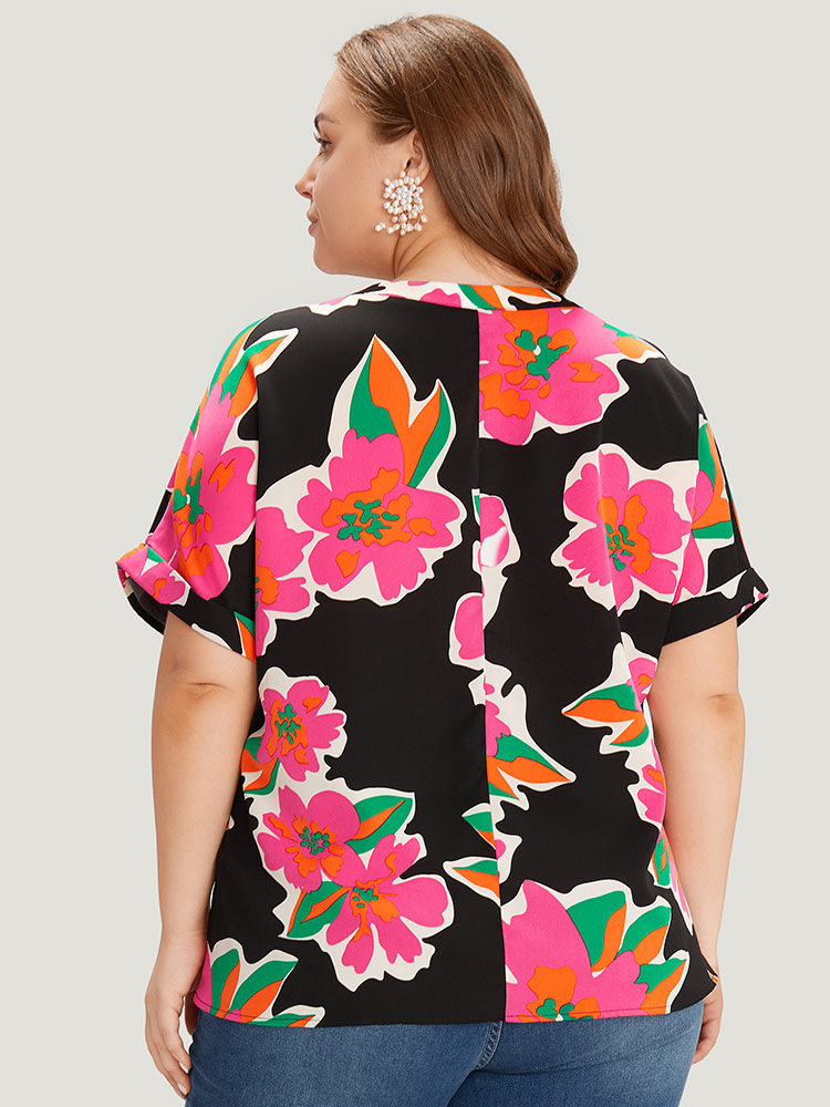 Plus Size Women Going out Floral Printed Dolman Sleeve Short sleeve Notched collar Glamour Blouses BloomChic 