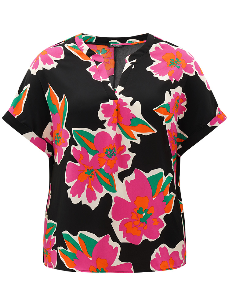 Plus Size Women Going out Floral Printed Dolman Sleeve Short sleeve Notched collar Glamour Blouses BloomChic 