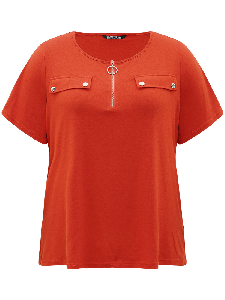Plus Size Women Dailywear Plain Zipper Regular Sleeve Short sleeve Open Front Casual T-shirts BloomChic 
