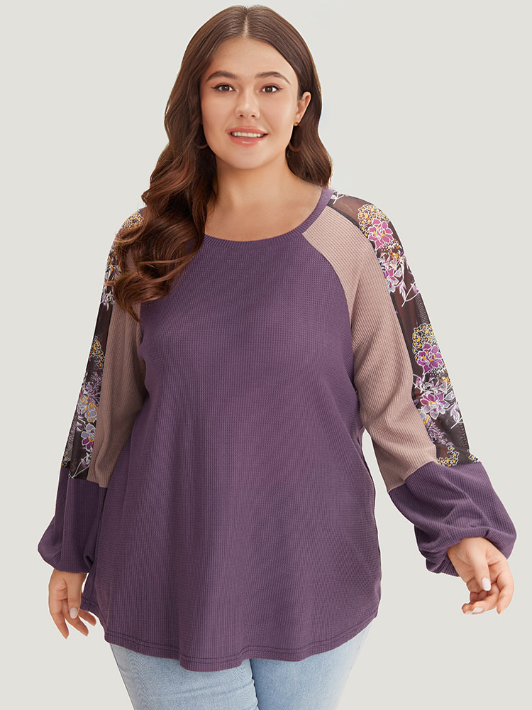 Plus Size Floral Mesh Patchwork Lantern Sleeve Sweatshirt Women Multicolor Elegant Patchwork Round Neck Dailywear Sweatshirts BloomChic 26/4X 