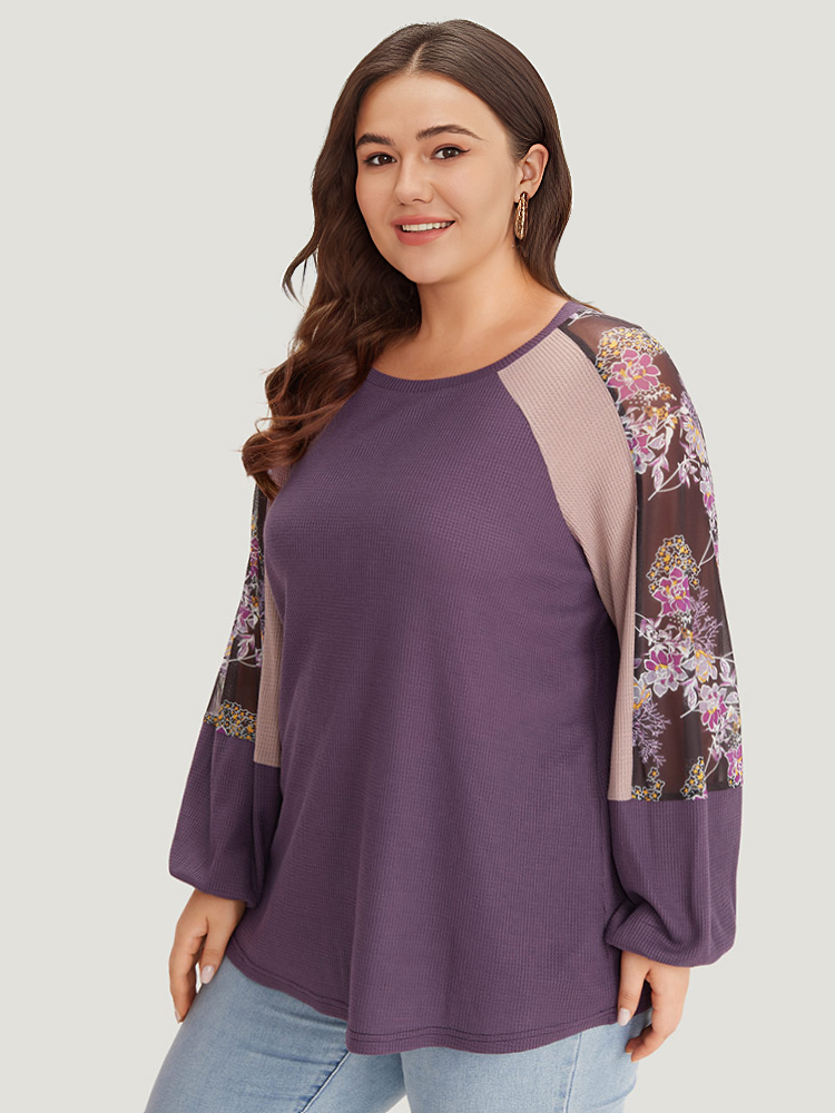 Plus Size Floral Mesh Patchwork Lantern Sleeve Sweatshirt Women Multicolor Elegant Patchwork Round Neck Dailywear Sweatshirts BloomChic 26/4X 