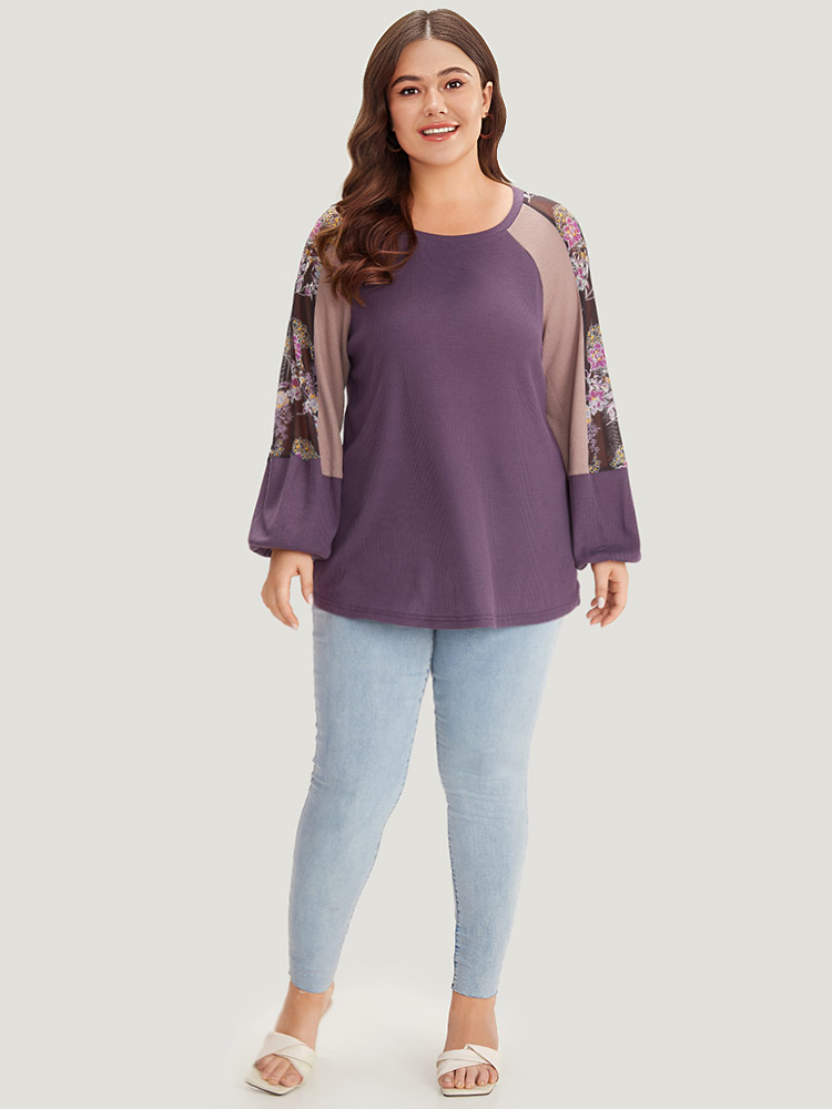 Plus Size Floral Mesh Patchwork Lantern Sleeve Sweatshirt Women Multicolor Elegant Patchwork Round Neck Dailywear Sweatshirts BloomChic 26/4X 