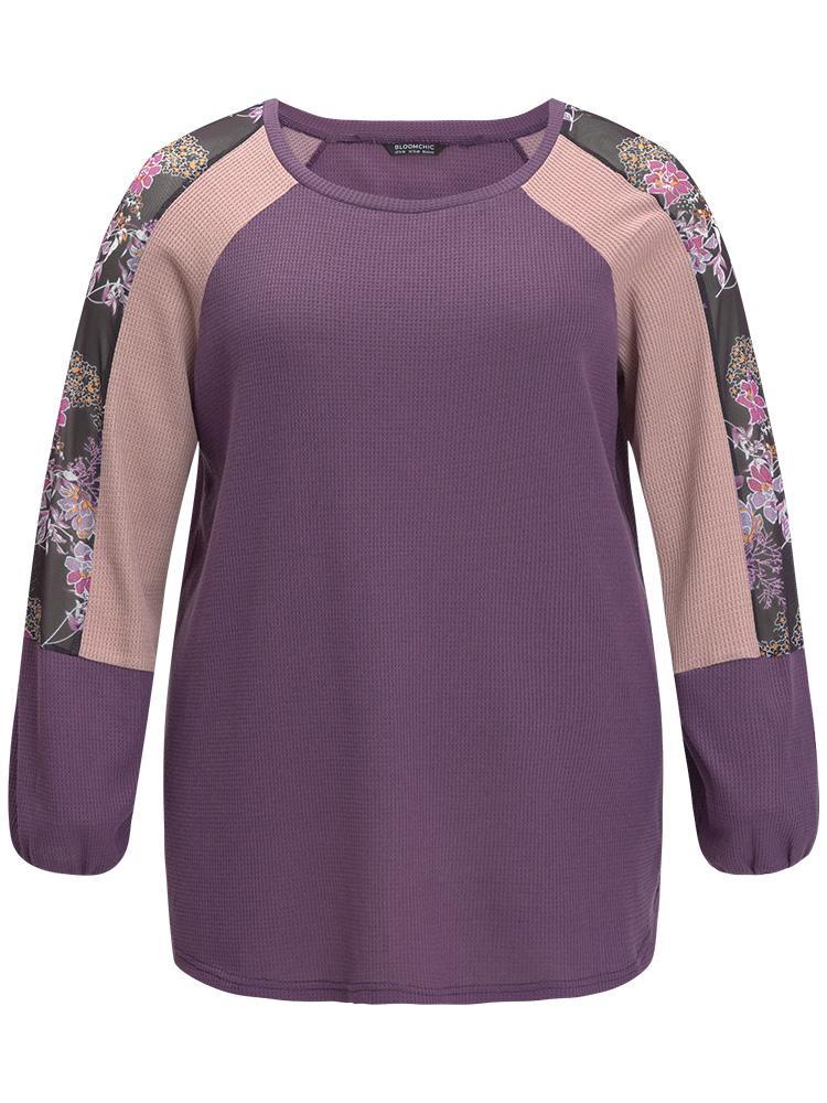 Plus Size Floral Mesh Patchwork Lantern Sleeve Sweatshirt Women Multicolor Elegant Patchwork Round Neck Dailywear Sweatshirts BloomChic 26/4X 