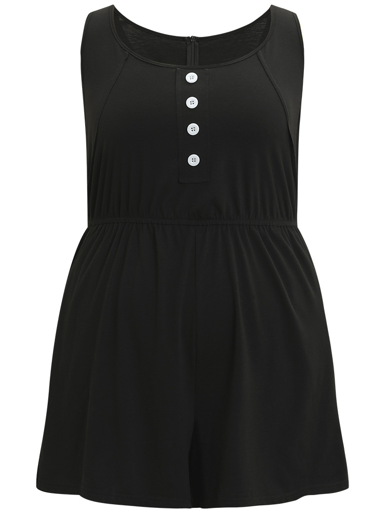 Plus Size Black Plain Pocket Elastic Waist Button Detail Ruched Romper Women Elegant Sleeveless Round Neck Dailywear Loose Jumpsuits BloomChic 14-16/1X 