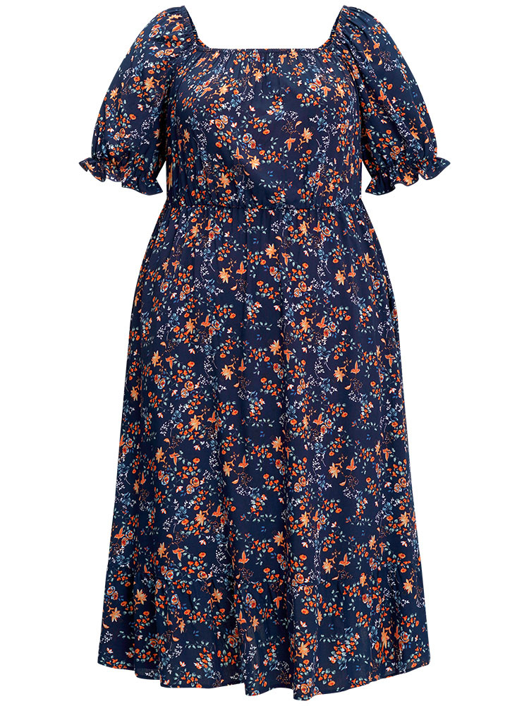 

Plus Size Floral Puff Sleeve Pocket Elastic Waist Square Neck Dress DarkBlue Women Elegant Elastic Waist Spaghetti Strap Sleeveless Curvy Midi Dress BloomChic