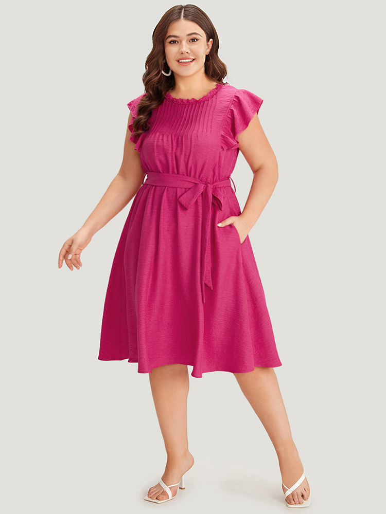 

Plus Size Solid Pocket Lace Insert Pleated Flutter Sleeve Dress RedViolet Women Office Gathered Round Neck Sleeveless Curvy Knee Dress BloomChic