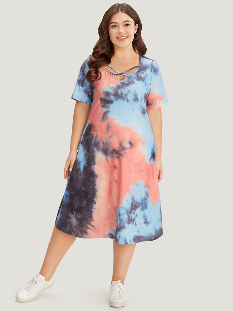 

Plus Size Tie Dye Pocket Crisscross Neck Dress Multicolor Women Casual Tie Dye V-neck Short sleeve Curvy Midi Dress BloomChic