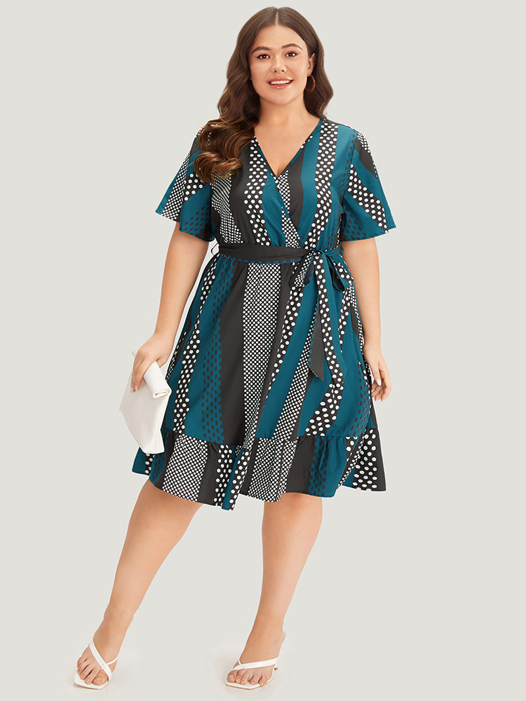 Plus Size Striped & Polka Dot Graphic Pocket Ruffle Wrap Dress Multicolor Women Office Wrap V-neck Short sleeve Curvy Knee Dress BloomChic 30/6X 
