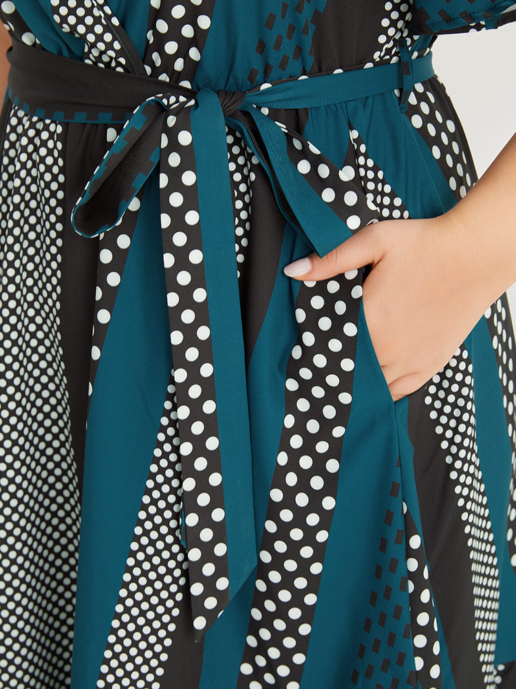 Plus Size Striped & Polka Dot Graphic Pocket Ruffle Wrap Dress Multicolor Women Office Wrap V-neck Short sleeve Curvy Knee Dress BloomChic 30/6X 