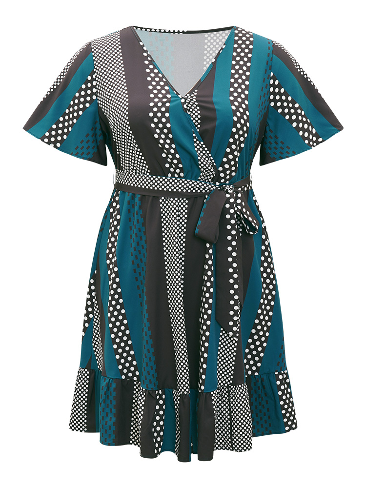 Plus Size Striped & Polka Dot Graphic Pocket Ruffle Wrap Dress Multicolor Women Office Wrap V-neck Short sleeve Curvy Knee Dress BloomChic 30/6X 
