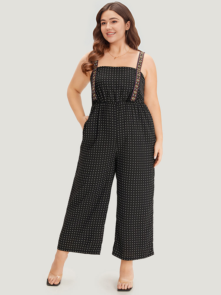 

Plus Size Black Geometric Print Pocket Button Elastic Waist Cami Jumpsuit Women Casual Sleeveless Spaghetti Strap Dailywear Loose Jumpsuits BloomChic