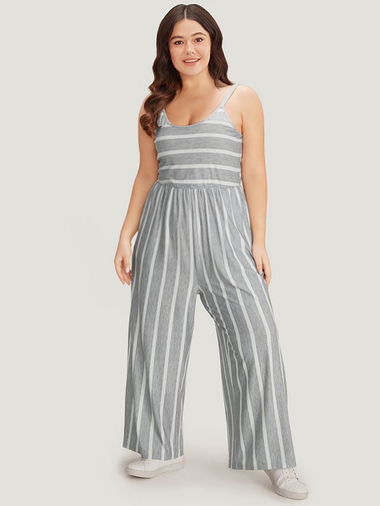 

Plus Size Silver Striped Pocket Elastic Waist Cami Jumpsuit Women Casual Sleeveless Spaghetti Strap Dailywear Loose Jumpsuits BloomChic