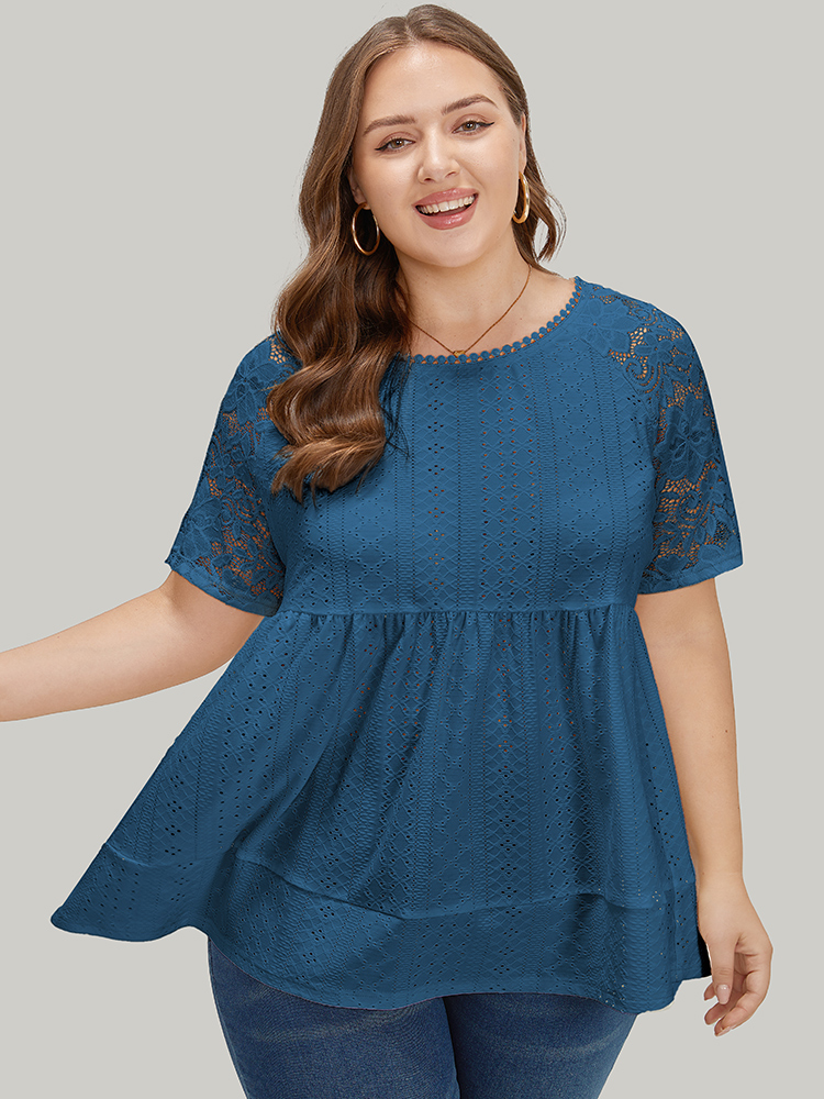 

Plain Pompom Trim Lace Sleeve Broderie Anglaise T-shirt, Aegean