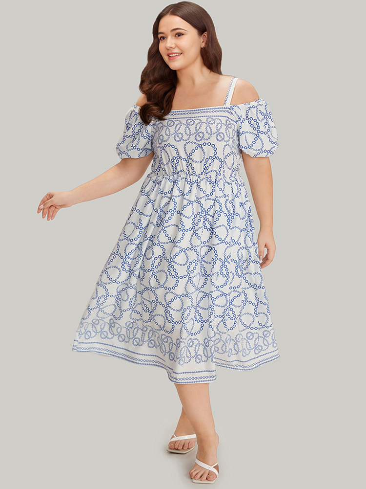 

Plus Size Geometric Print Cold Shoulder Pocket Elastic Waist Dress Blue Women Vacation Cold Shoulder Short sleeve Curvy Midi Dress BloomChic