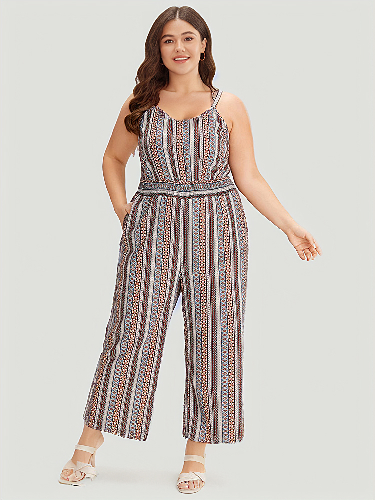 

Plus Size Multicolor Bandana Striped Pocket Cami Jumpsuit Women Elegant Sleeveless Spaghetti Strap Dailywear Loose Jumpsuits BloomChic