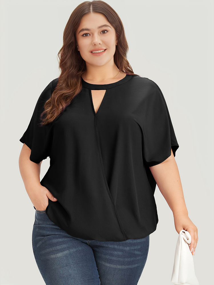 

Plus Size Black Solid Keyhole Gathered Dolman Sleeve Blouse Women Office Short sleeve V-neck Work Blouses BloomChic