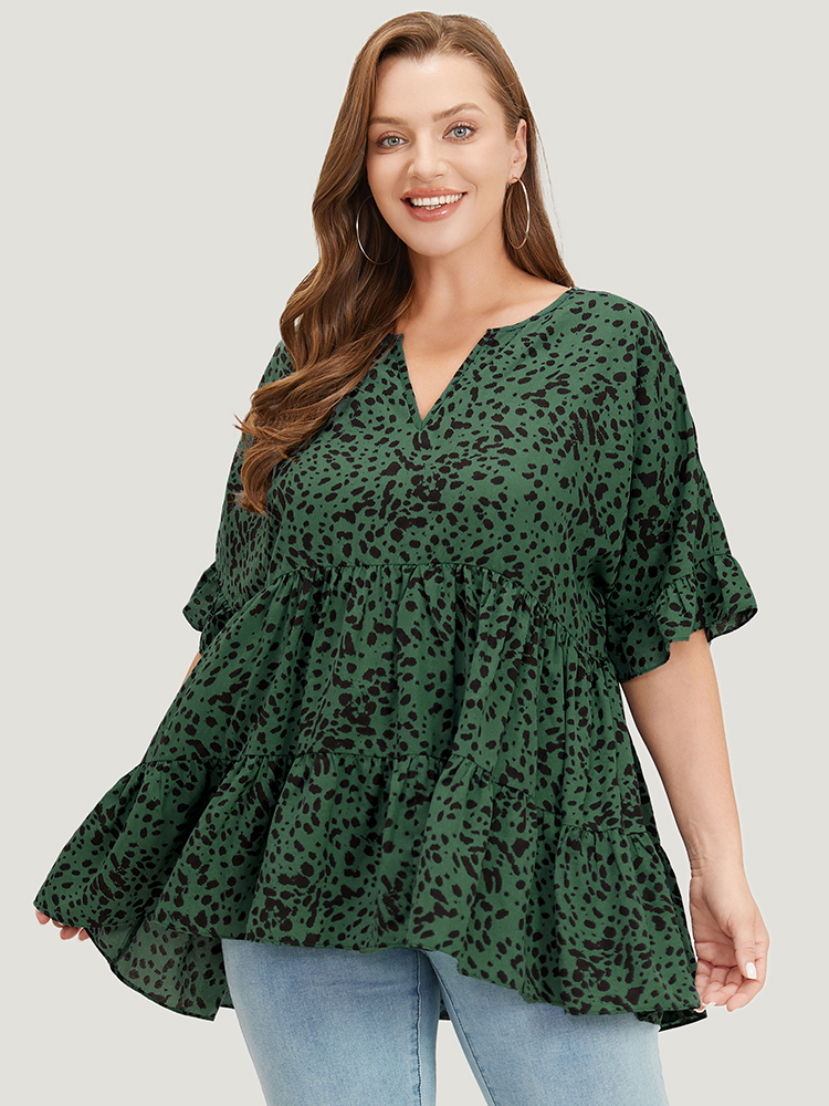 Plus Size Emerald Leopard Tiered Hem Notched Ruffle Sleeve Blouse Women Elegant Half Sleeve Notched collar Dailywear Blouses BloomChic 22-24/3X 
