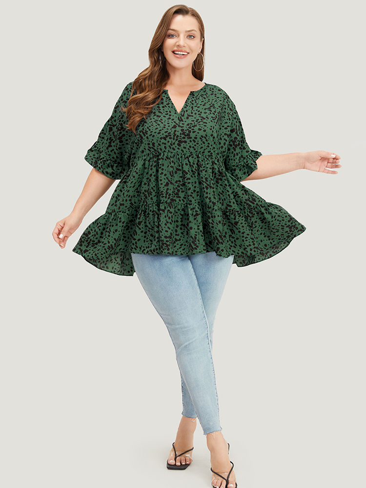 Plus Size Emerald Leopard Tiered Hem Notched Ruffle Sleeve Blouse Women Elegant Half Sleeve Notched collar Dailywear Blouses BloomChic 22-24/3X 