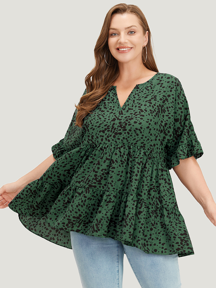Plus Size Emerald Leopard Tiered Hem Notched Ruffle Sleeve Blouse Women Elegant Half Sleeve Notched collar Dailywear Blouses BloomChic 22-24/3X 