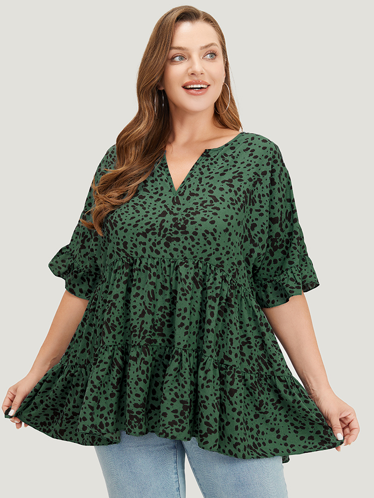 Plus Size Emerald Leopard Tiered Hem Notched Ruffle Sleeve Blouse Women Elegant Half Sleeve Notched collar Dailywear Blouses BloomChic 22-24/3X 