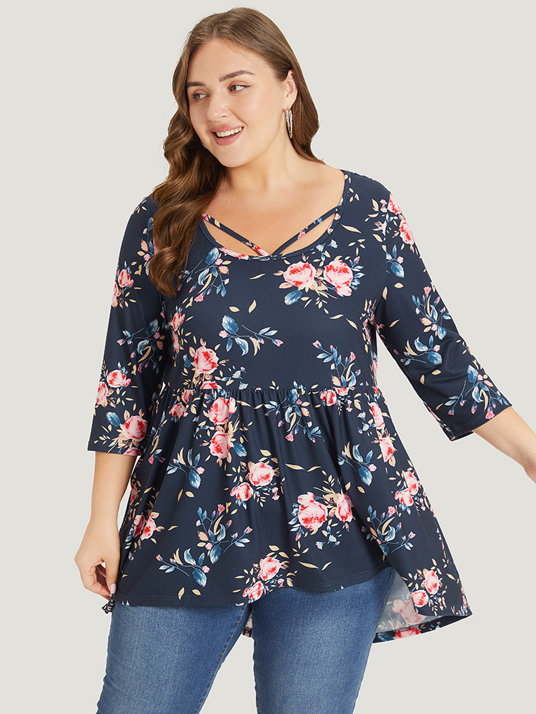 

Plus Size Floral Gathered High low Hem T-shirt Blue Round Neck Half Sleeve Elegant Jersey Tops