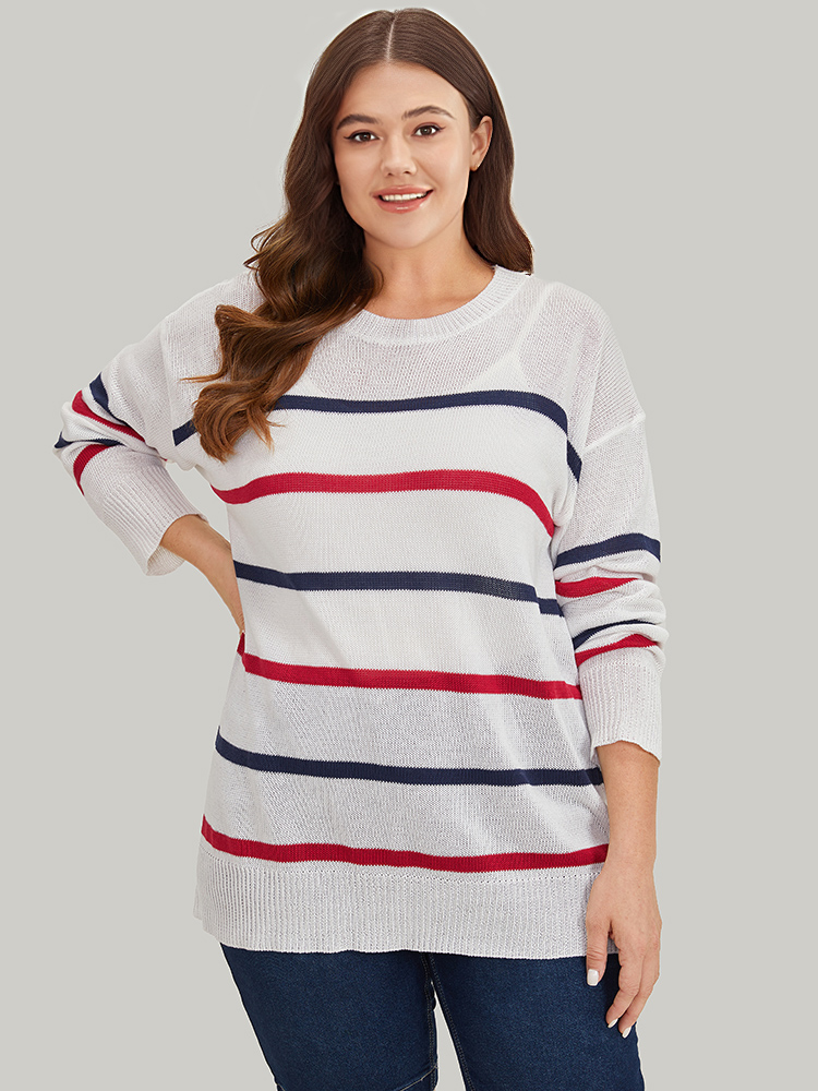 

Plus Size Striped Contrast Drop Shoulder Pullover White Women Casual Bodycon Long Sleeve Round Neck Dailywear Pullovers BloomChic