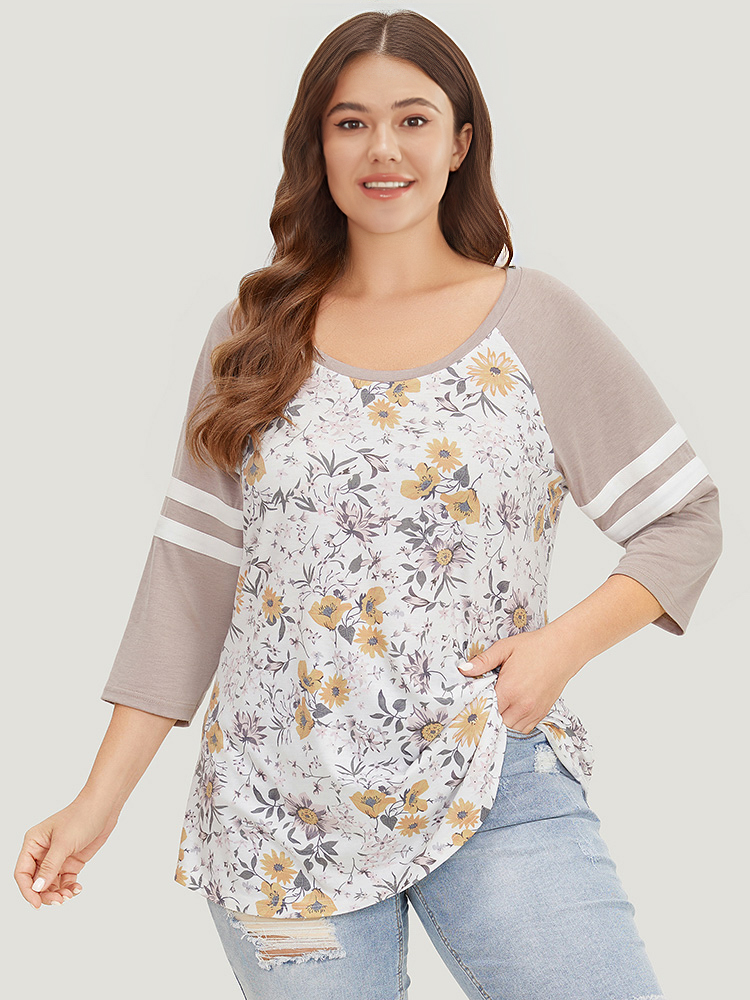 

Plus Size Floral Print Patchwork Raglan Sleeve T-shirt Multicolor Women Casual Contrast Floral Round Neck Dailywear T-shirts BloomChic