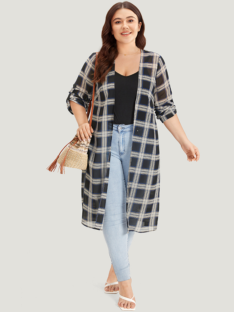 

Plus Size Plaid Pocket Open Front Roll Tab Sleeve Kimono Women Black Casual Pocket Pocket Dailywear Kimonos BloomChic