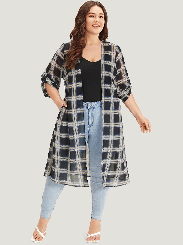 

Plus Size Plaid Pocket Open Front Roll Tab Sleeve Kimono Women Black Casual Pocket Pocket Dailywear Kimonos BloomChic