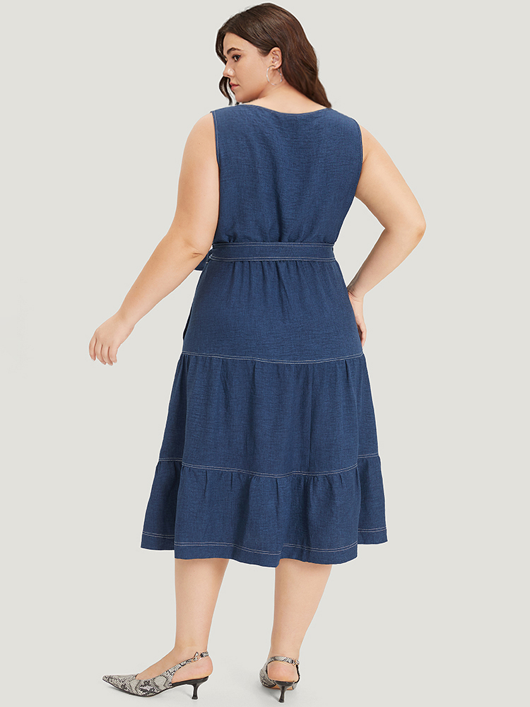 Plus Size Plain Pocket Belted Layered Contrast Dress Navy Women Office Plain V-neck Sleeveless Curvy Midi Dress BloomChic 10/M 