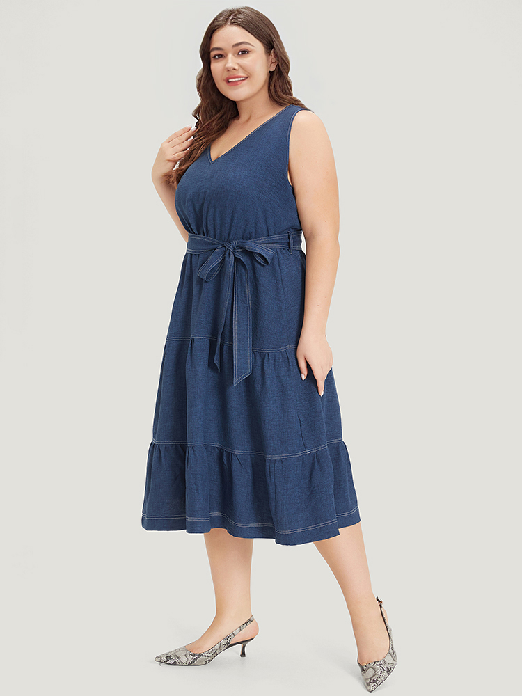 Plus Size Plain Pocket Belted Layered Contrast Dress Navy Women Office Plain V-neck Sleeveless Curvy Midi Dress BloomChic 10/M 