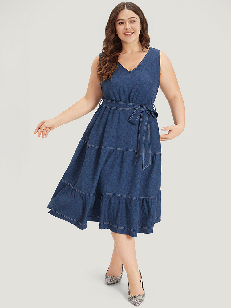 Plus Size Plain Pocket Belted Layered Contrast Dress Navy Women Office Plain V-neck Sleeveless Curvy Midi Dress BloomChic 10/M 