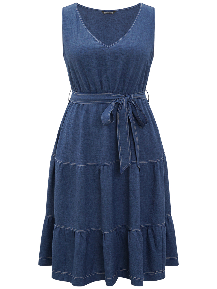 Plus Size Plain Pocket Belted Layered Contrast Dress Navy Women Office Plain V-neck Sleeveless Curvy Midi Dress BloomChic 10/M 