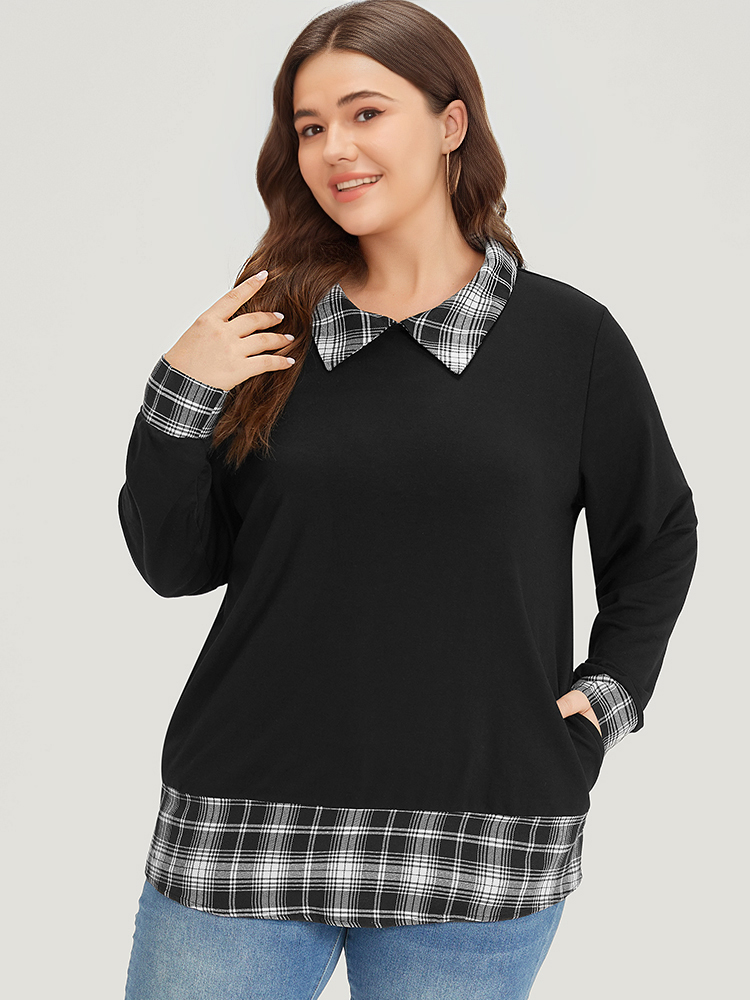 

Plus Size Plaid Patchwork Shirt Collar Arc Hem Sweatshirt Women Black Casual Patchwork Polo Dailywear Sweatshirts BloomChic