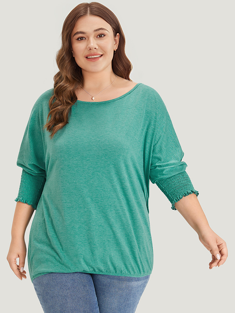 

Plus Size Solid Heather Shirred Batwing Sleeve T-shirt Emerald Women Elegant Shirred Plain Round Neck Dailywear T-shirts BloomChic