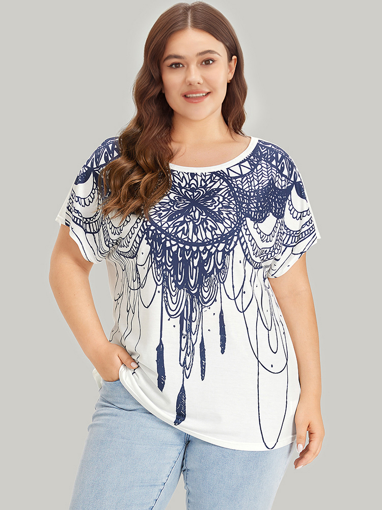 

Plus Size Boho Print Batwing Sleeve Crew Neck T-shirt Multicolor Women Casual Printed Bohemian Print Round Neck Dailywear T-shirts BloomChic