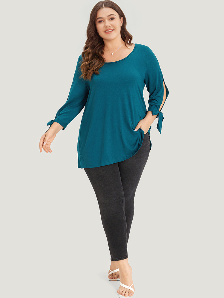 

Plus Size Plain Crew Neck Cut Out Bowknot T-shirt Cyan Round Neck Long Sleeve Elegant Jersey Tops