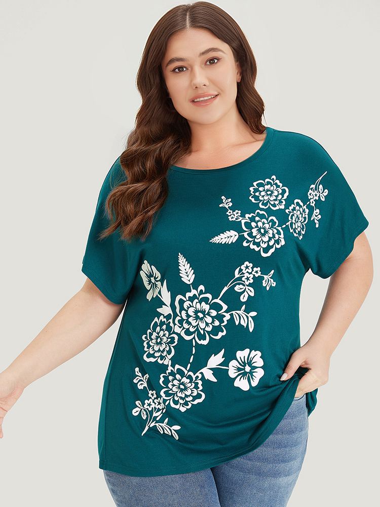 

Plus Size Floral Print Dolman Sleeve Round Neck T-shirt Aegean Women Elegant Printed Natural Flowers Round Neck Dailywear T-shirts BloomChic