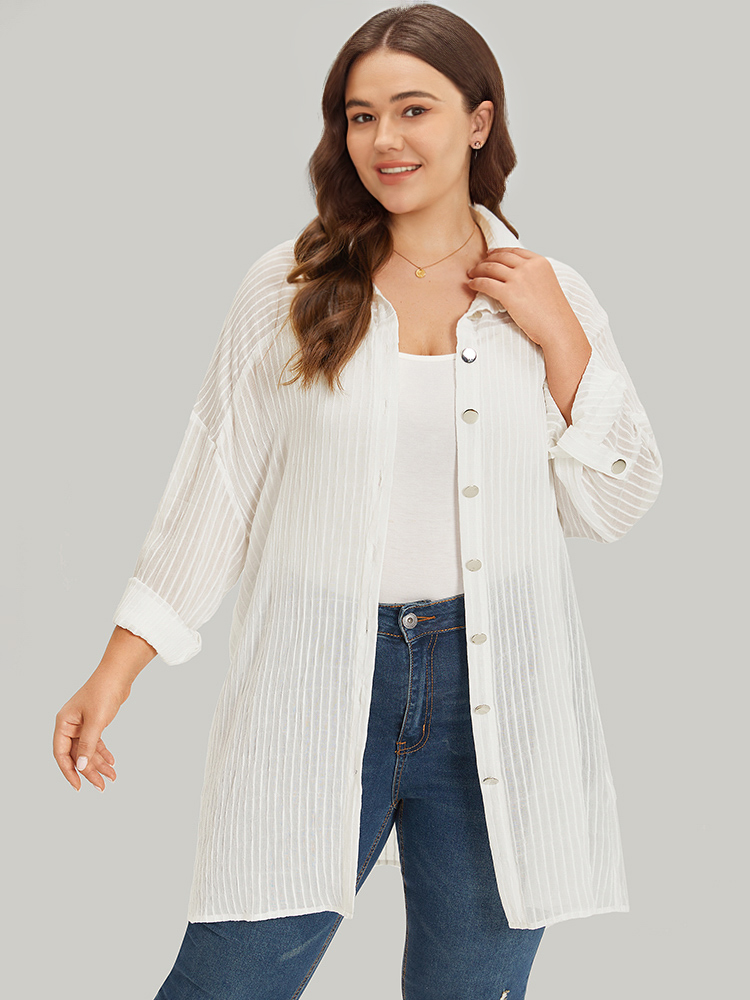 

Plus Size Striped Mesh Button Through Open Front Kimono Women White Vacation Button Loose Dailywear Kimonos BloomChic