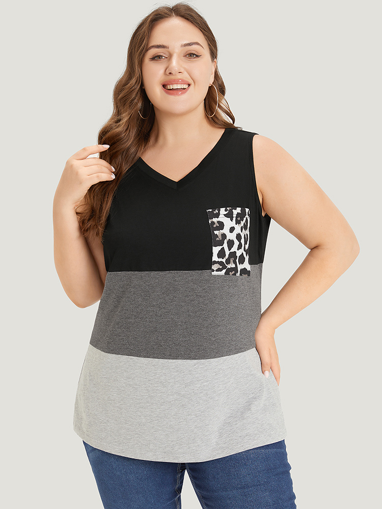 

Plus Size Leopard Contrast Patched Pocket Tank Top Women Multicolor Casual Contrast V-neck Dailywear Tank Tops Camis BloomChic