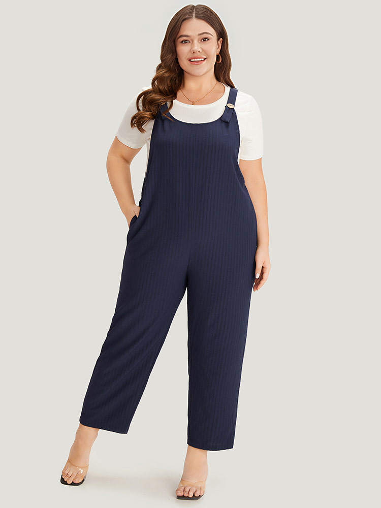 

Plus Size DarkBlue Solid Button Patchwork Pocket Cami Jumpsuit Women Elegant Sleeveless Scoop Neck Dailywear Loose Jumpsuits BloomChic