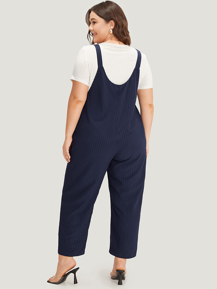 Plus Size DarkBlue Solid Button Patchwork Pocket Cami Jumpsuit Women Elegant Sleeveless Scoop Neck Dailywear Loose Jumpsuits BloomChic 12/L 
